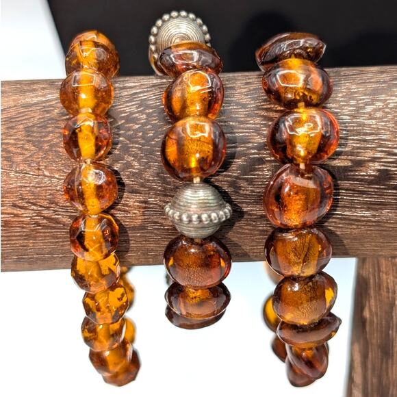 Lot of Three Amber Glass Bead Stretch Bracelets - Picture 1 of 7